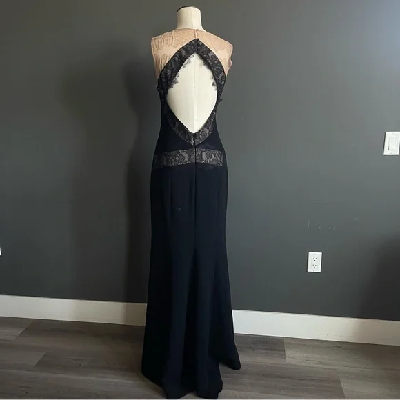 BCBGMAXAZRIA Aida Black Lace Open Back Gown | Nude Illusion Evening Dress Glam - Picture 4 of 6